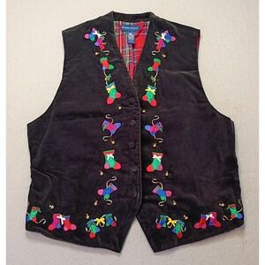 VTG 90s Karen Scott Women Christmas Velour Vest Large Black‎ Stockings Bells